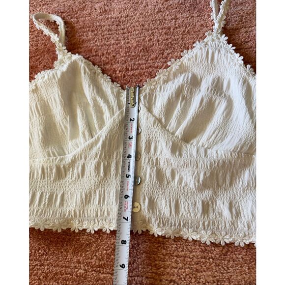 White Daisy Trim Smocked Crop Cami Top Button Front Coquette Cottagecore - Picture 3 of 7